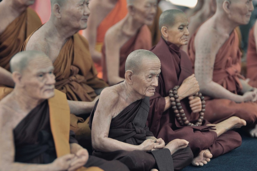 Rows of monks with shaved heads and brown and orange robes sit with legs crossed and solemn expressions.