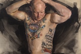 Painting of tattooed man no shirt on, with his hands behind his head looking down.