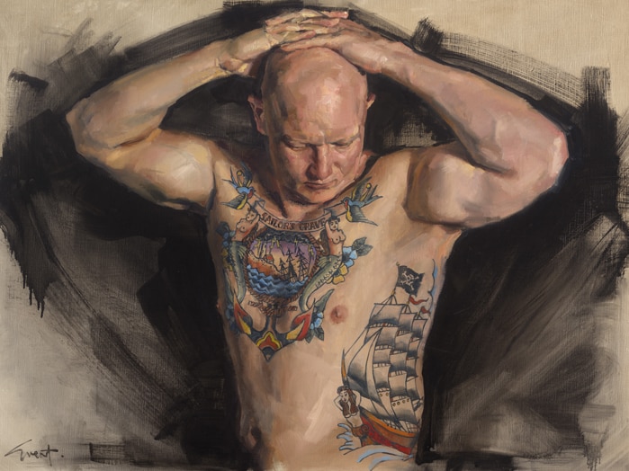 Painting of tattooed man no shirt on, with his hands behind his head looking down.