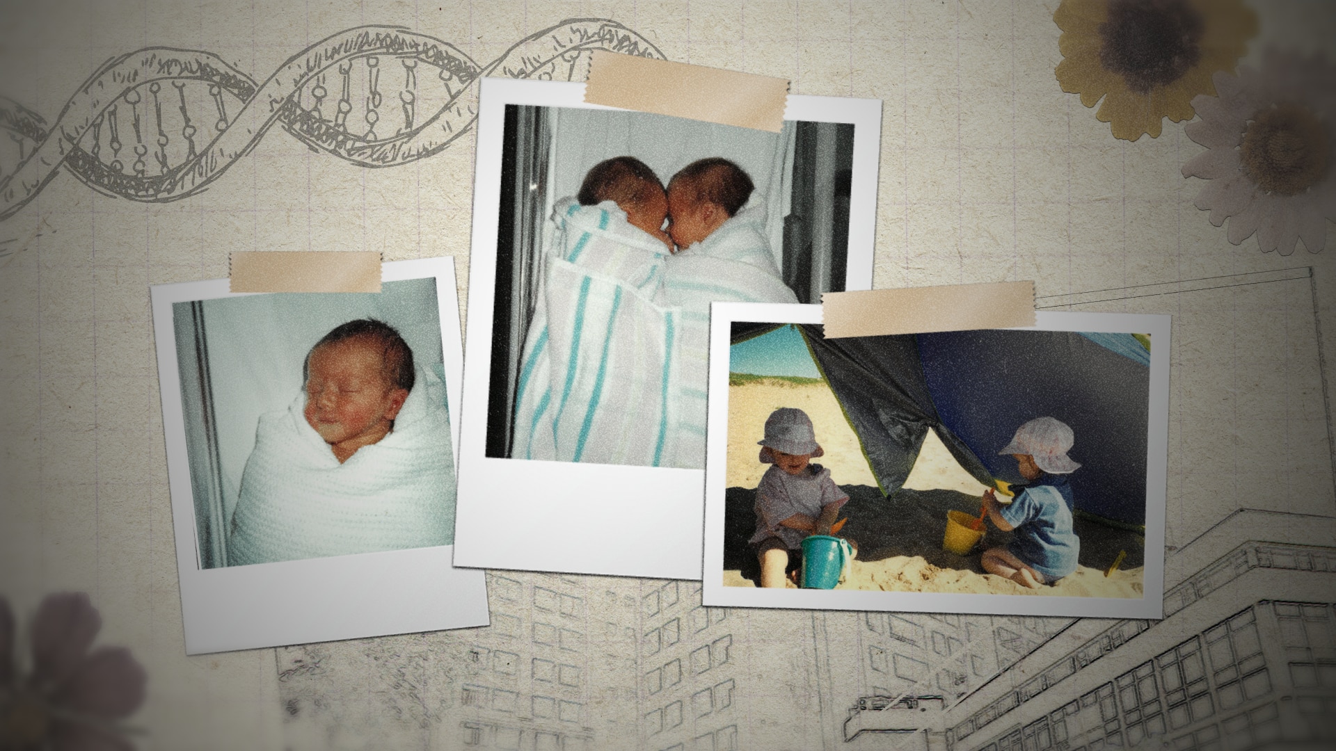 Three baby photos arranged in a scrapbook-type presentation on top of an illustration.