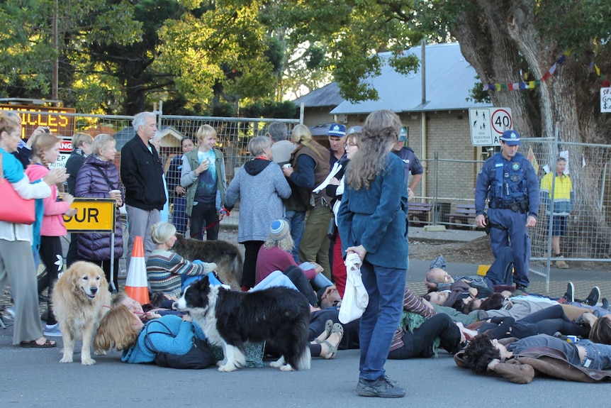 Protestors lay on the ground in an attempt to stop the crane from entering Church Street