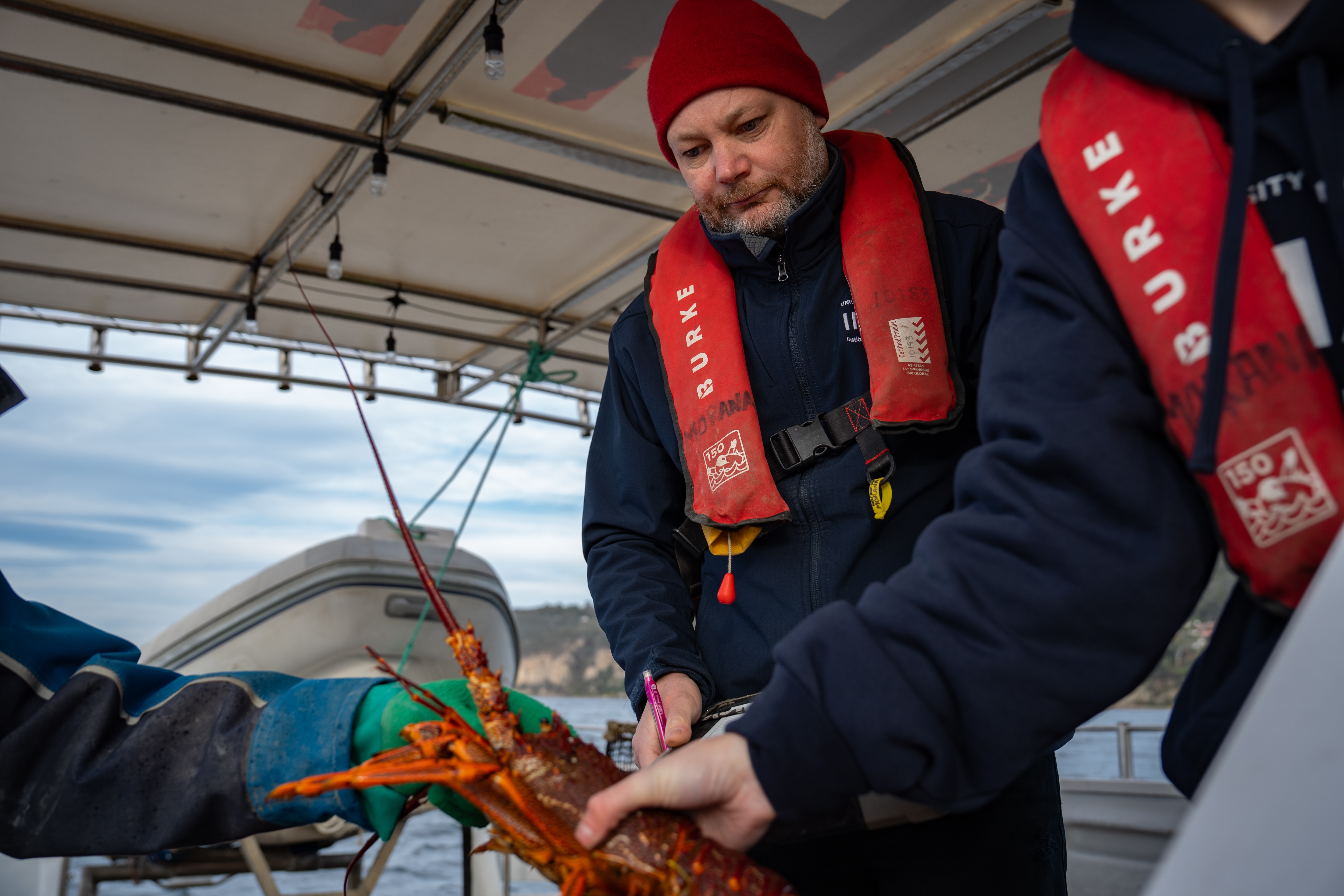 A man in a red beanie and life jacket taking notes on a boat and examining lobsters