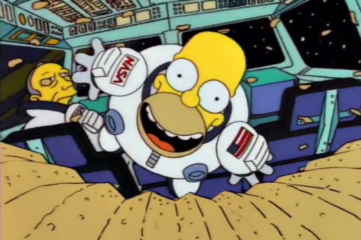 A cartoon of a yellow man in a space suit floating towards a potato chip