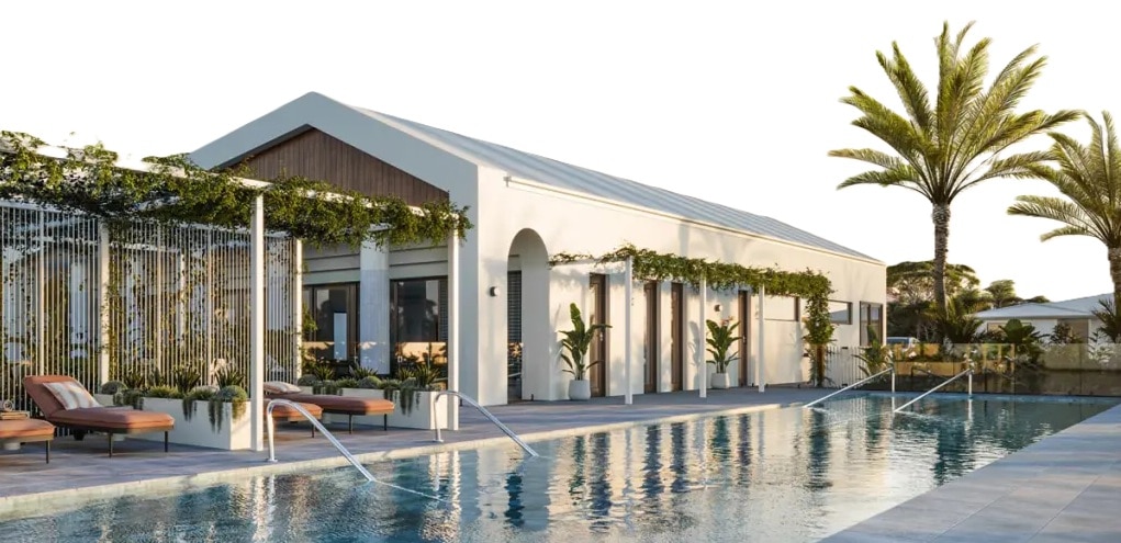 Artist impression of a outdoor building with a pool and lounge chairs 