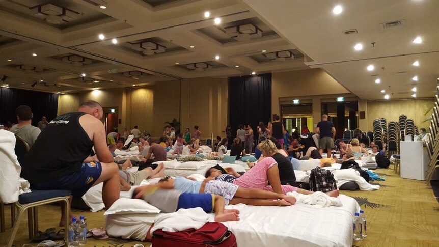 Guests at the Sheraton Hotel in Nadi, Fiji are evacuated to the ballroom
