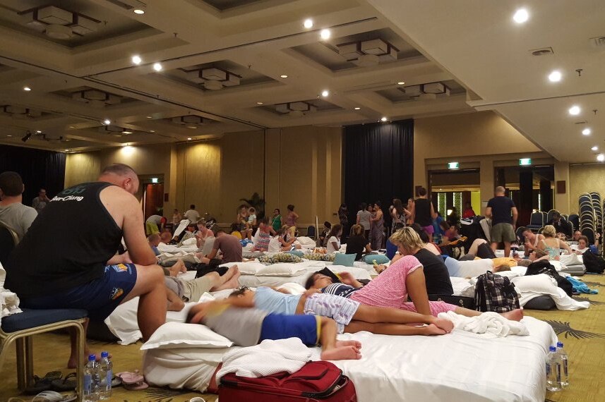 Guests at the Sheraton Hotel in Nadi, Fiji are evacuated to the ballroom