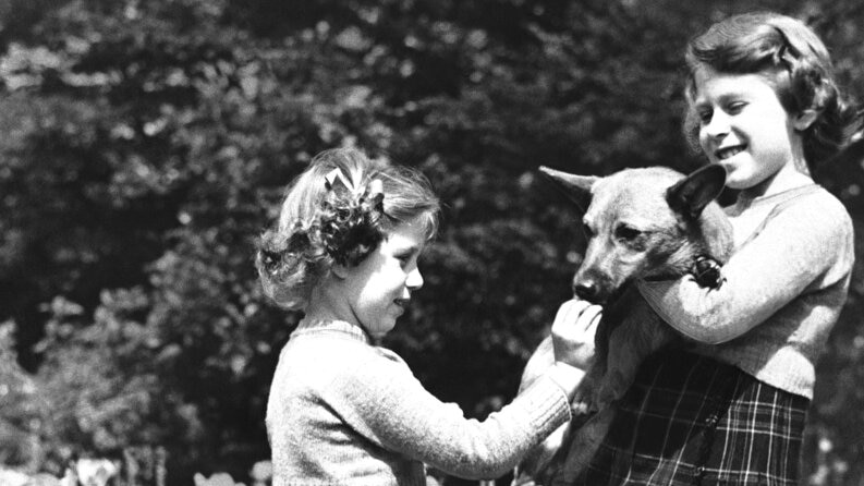 A young Princess Elizabeth, holds a Pembrokeshire Corgi as her sister Princess Margaret feeds it a biscuit.