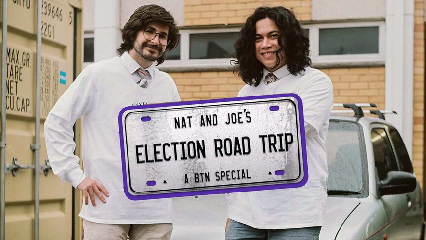Nat and Joe wearing Vote #1 Nat & Joe t-shirts, custom numberplate saying Election Road Trip.