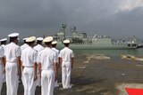Members of the Chinese navy await the arrival of the Australian Navy at the port of Zhanjiang, in Guangdong province.