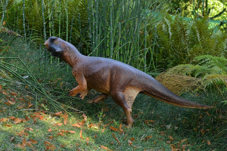 A 3D model of a fully coloured Psittacosaurus dinosaur in a forest environment.
