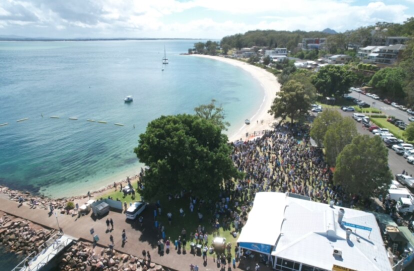 A crowd next to a beach. 