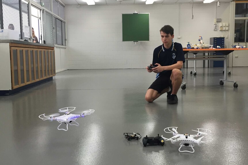 A Mabel Park High School student flying a drone