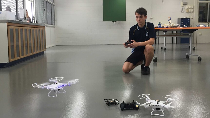 A Mabel Park High School student flying a drone