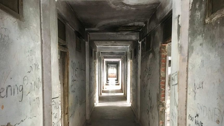 dilapidated hallways at "Beatles Ashram"
