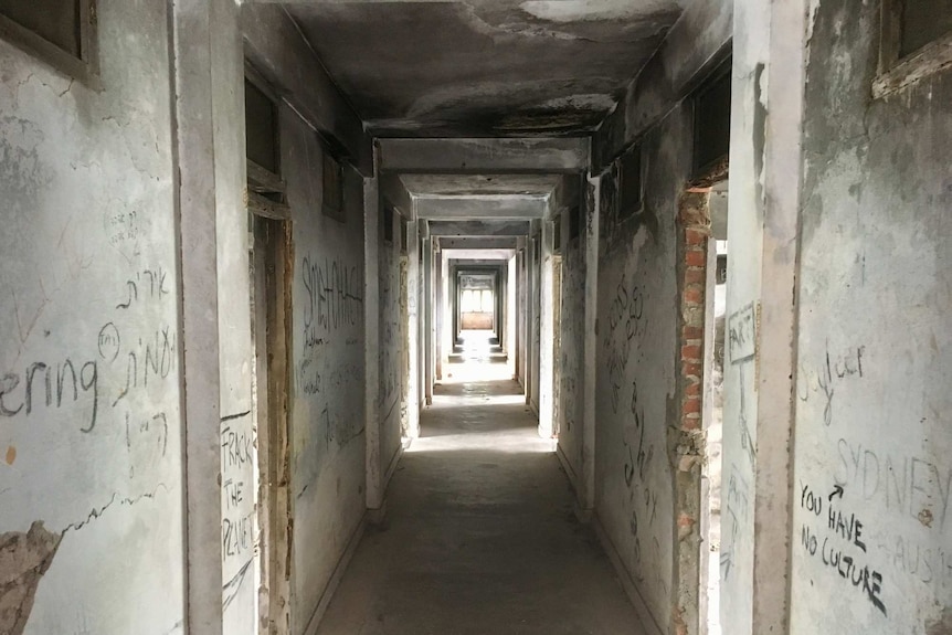 dilapidated hallways at "Beatles Ashram"