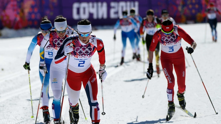 Leader of the pack ... Marit Bjoergen competes in the skiathlon