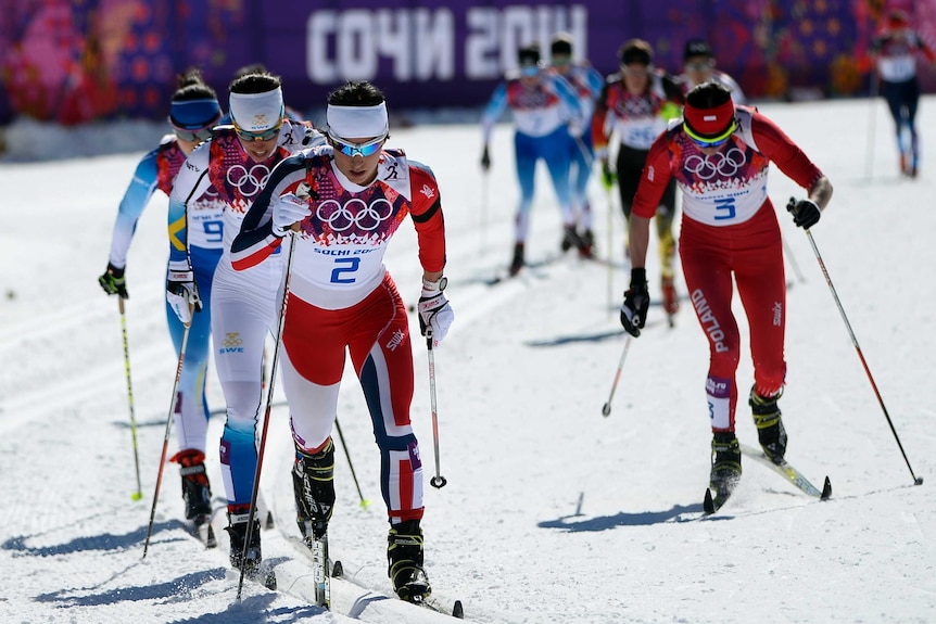 Leader of the pack ... Marit Bjoergen competes in the skiathlon