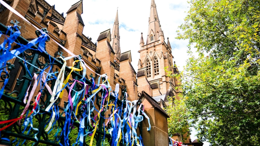 Ribbons adorn the gates outside St Mary's Cathedral.
