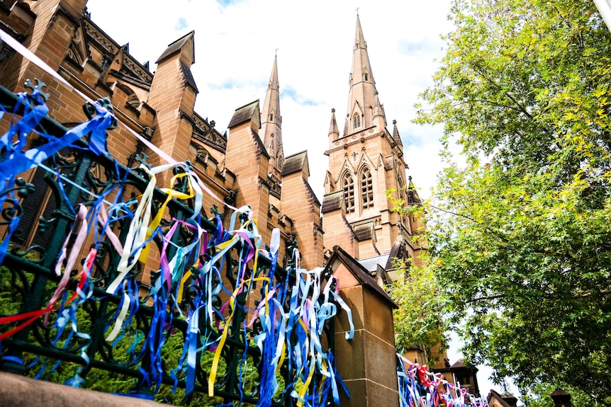 Ribbons adorn the gates outside St Mary's Cathedral.