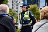 A Victoria Police officer on duty at the 2017 Anzac Day parade.