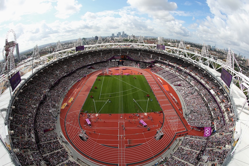 An aerial shot of the Olympic Stadium in London.