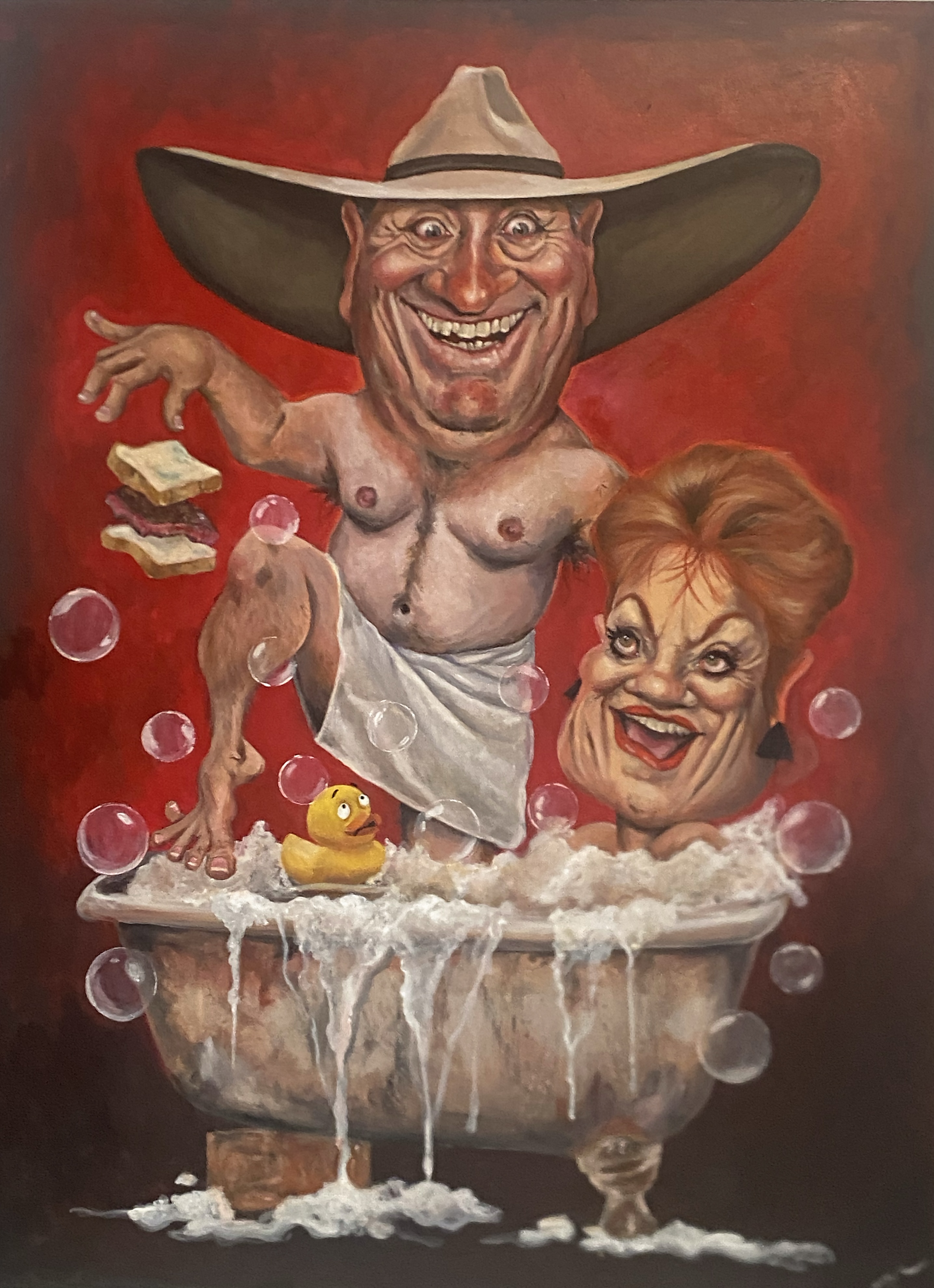 En la pintura, los políticos de One Nation, Barnaby Joyce y Pauline Hanson, están sentados juntos en el baño.