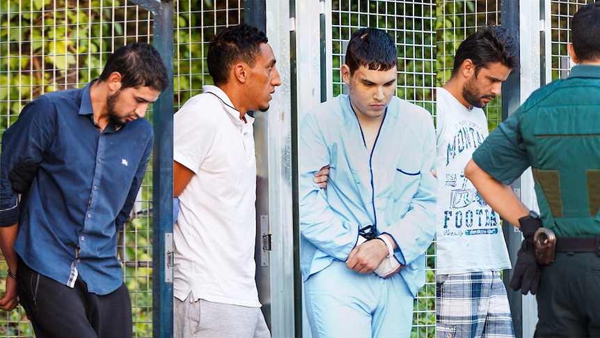 A composite image of four handcuffed men outside court.