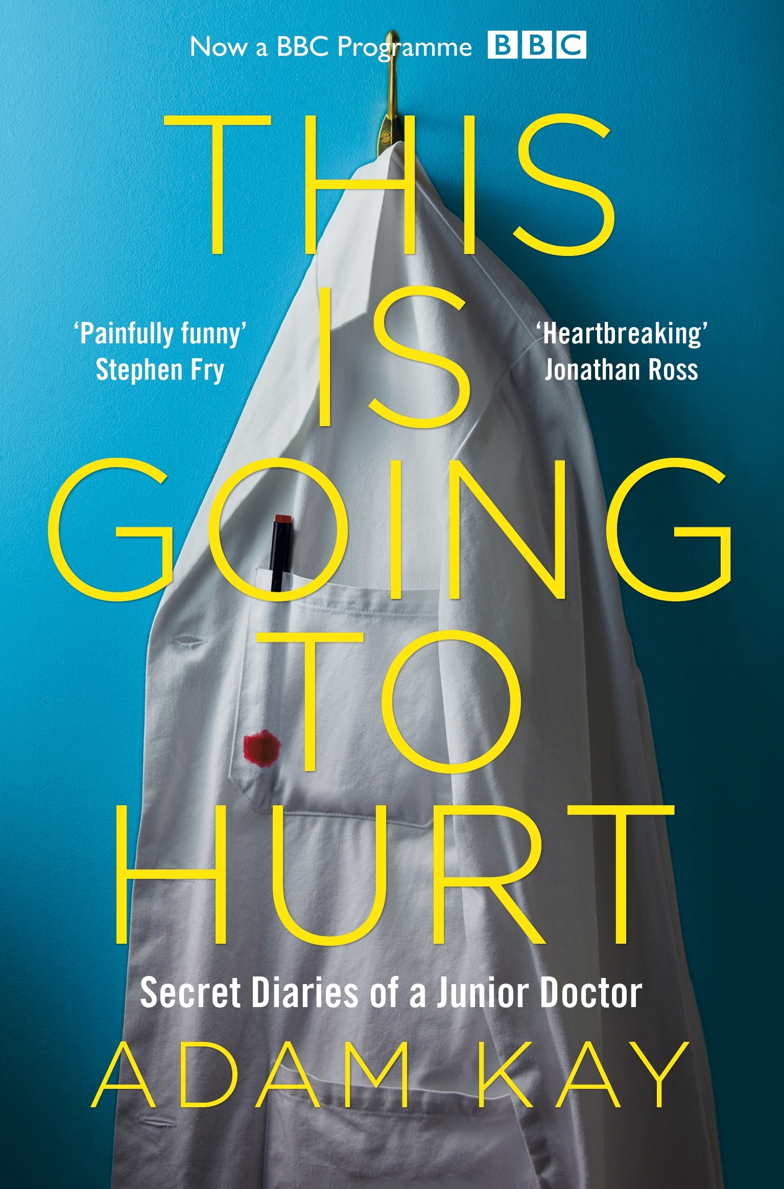 A book cover for This Is Going to Hurt by Adam Kay, featuring a doctor's coat hanging on a hook.