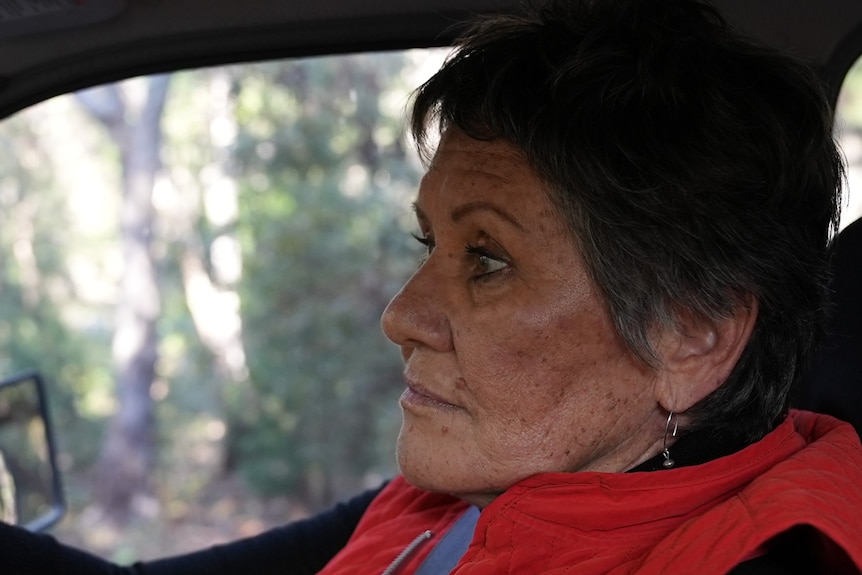  A 71-year-old woman drives her old 4WD car in the Australian bush. She’s looking at the road ahead. 