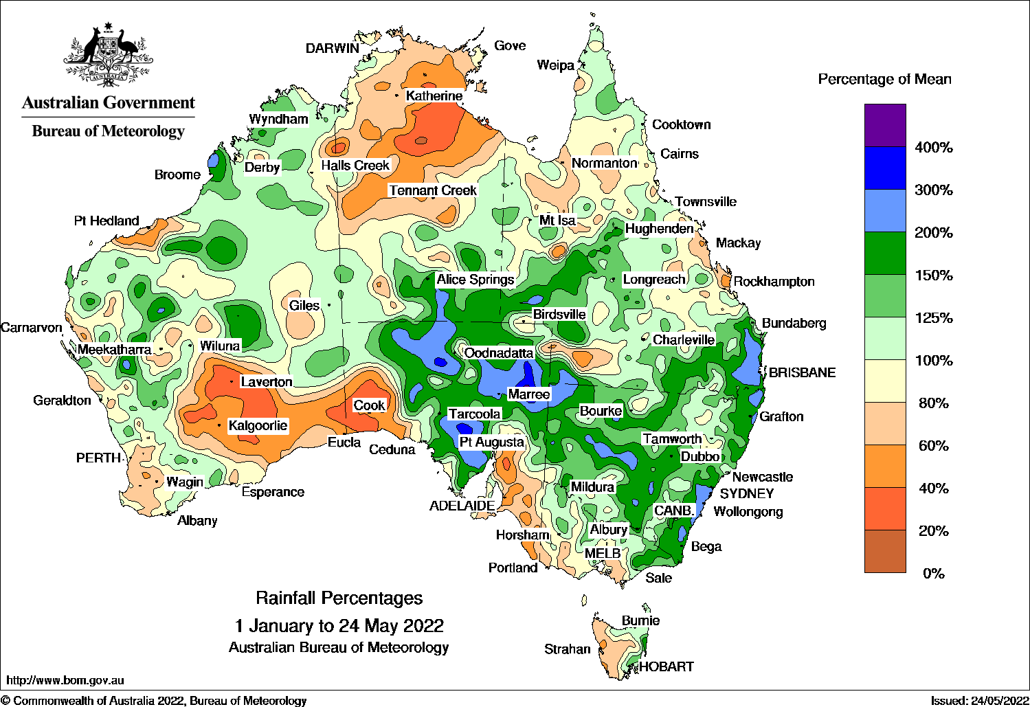 Map of Aus orange over northern NT, south-east SA, western Tas and south-west WA indicating below average rainfall