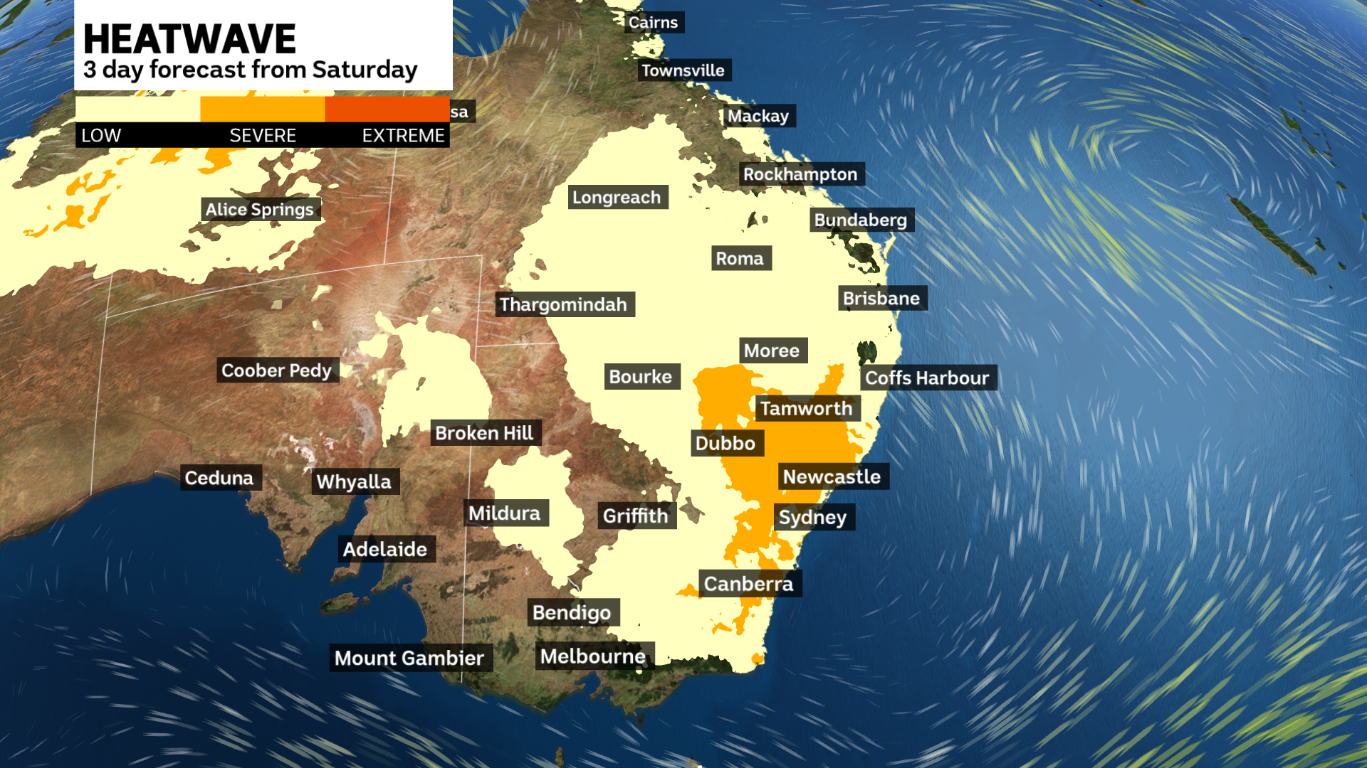 a weather map showing the prediction of a heatwave for eastern Australia
