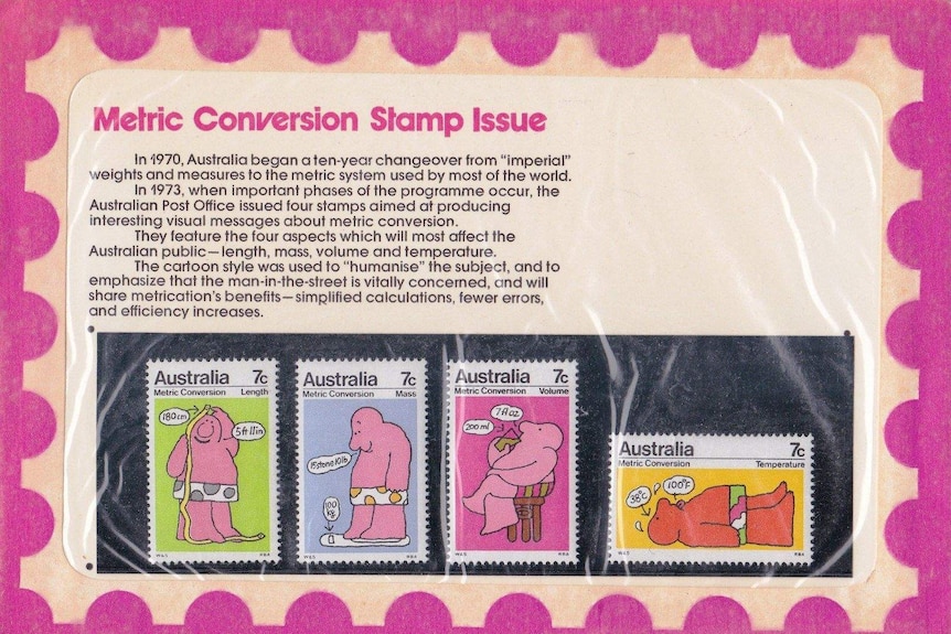 A collection of Australian metric conversion stamps