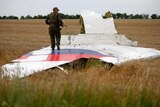 An armed man walks on the wing of downed MH17 plane