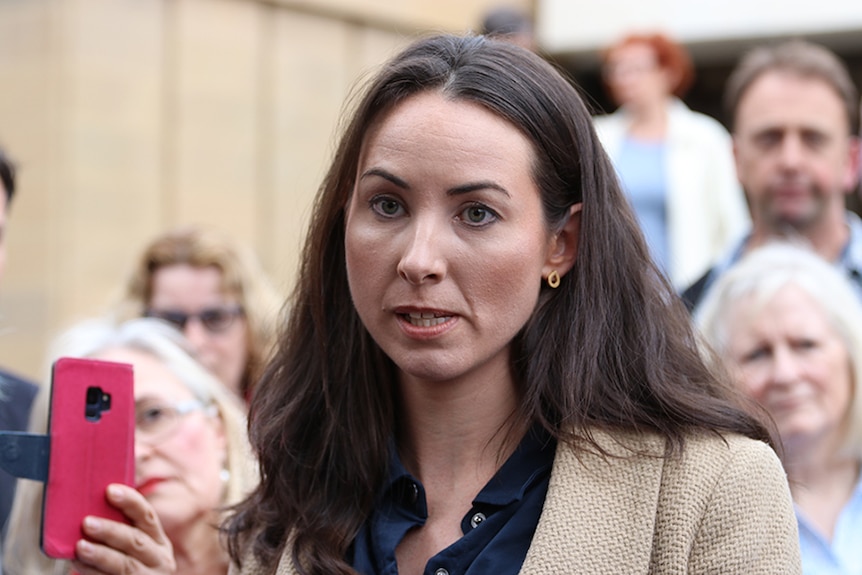 Sarah Bowles speaks outside the Hobart Supreme Court