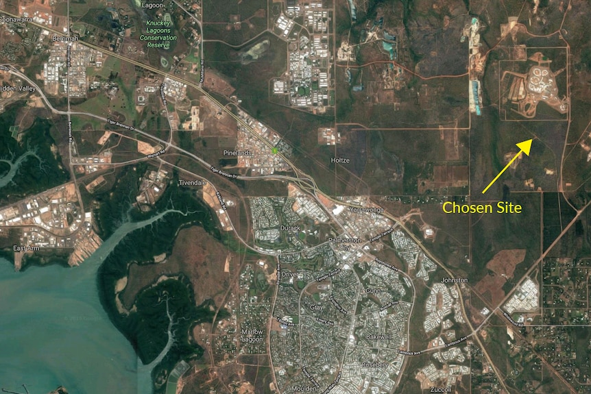 A satellite map of Darwin with an arrow pointing to the new site chosen for the replacement Don Dale youth detention centre
