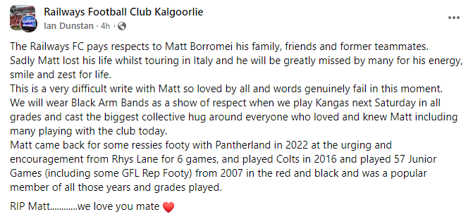 A screen shot of a Facebook post about the death of a young football player. 