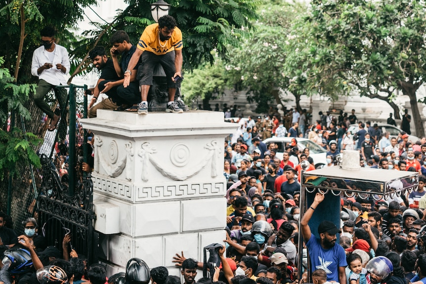 A group of protesters stand outside the palace gates and watch three protesters standing above.