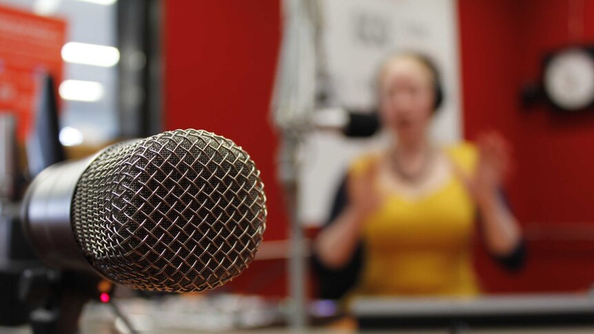 Piia Wirsu broadcasting in Launceston studio.