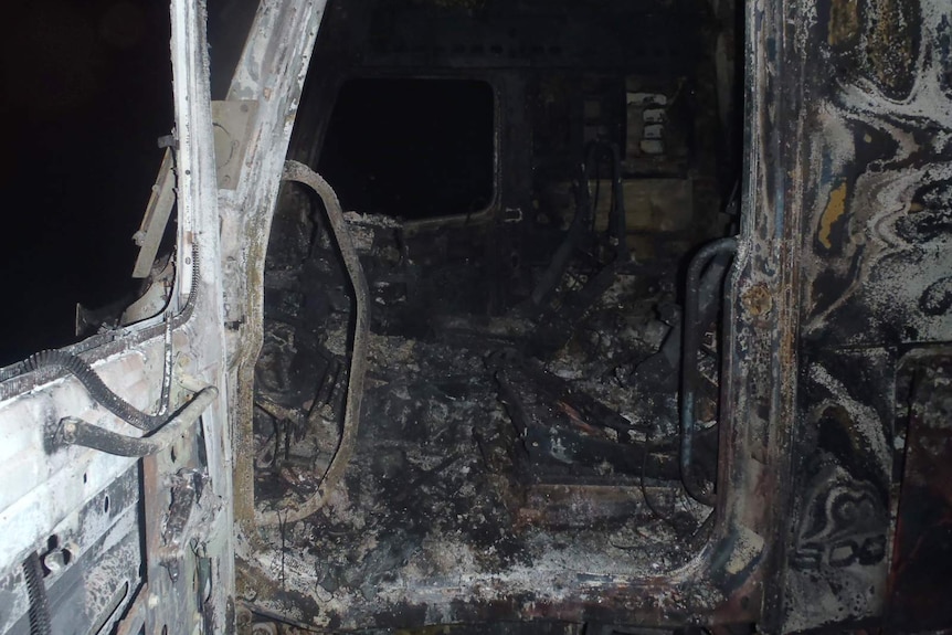 The gutted interior of a road train cab after it was destroyed by fire.