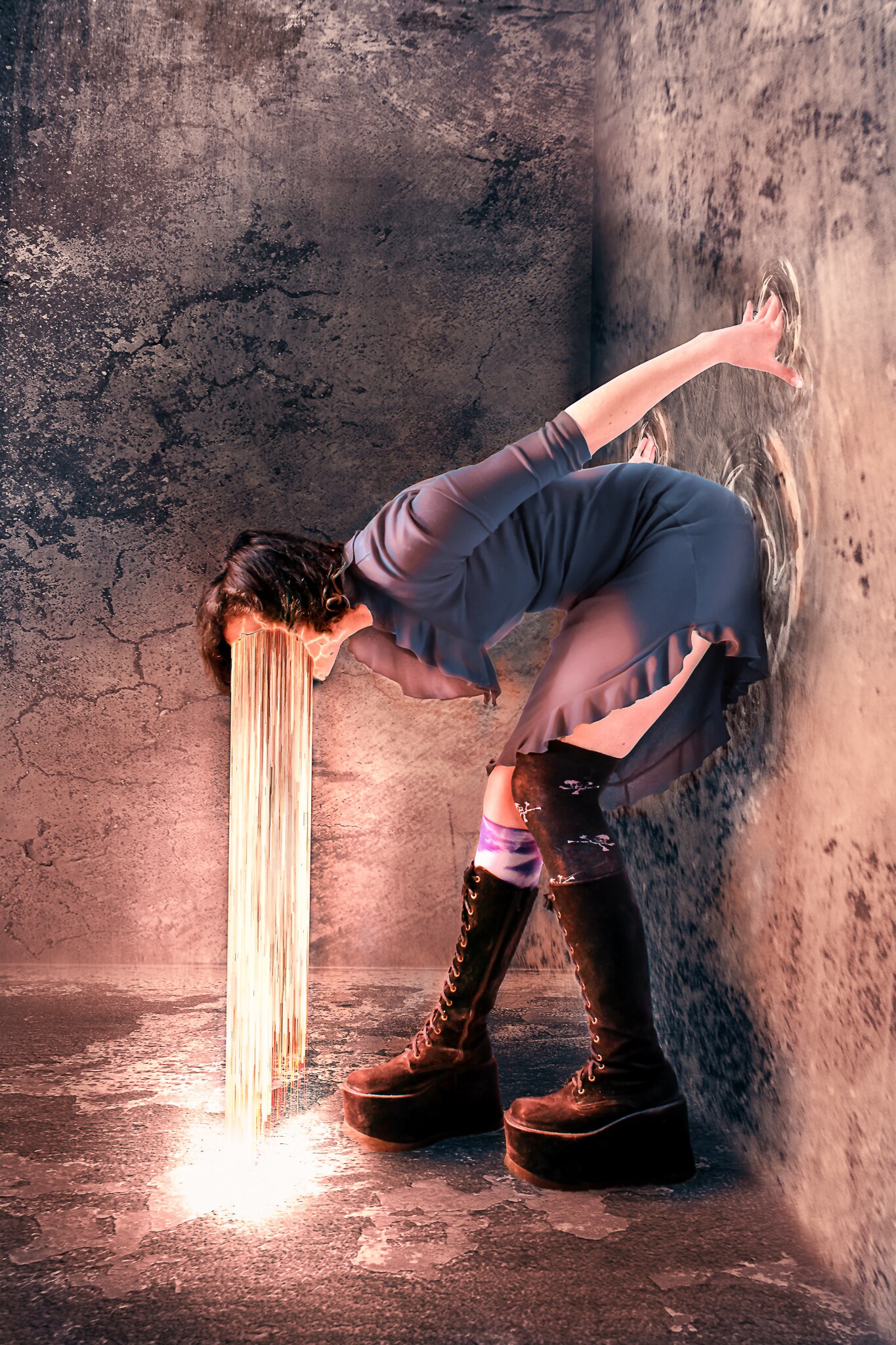 A digital artwork of a woman bending over dropping light out of her face.