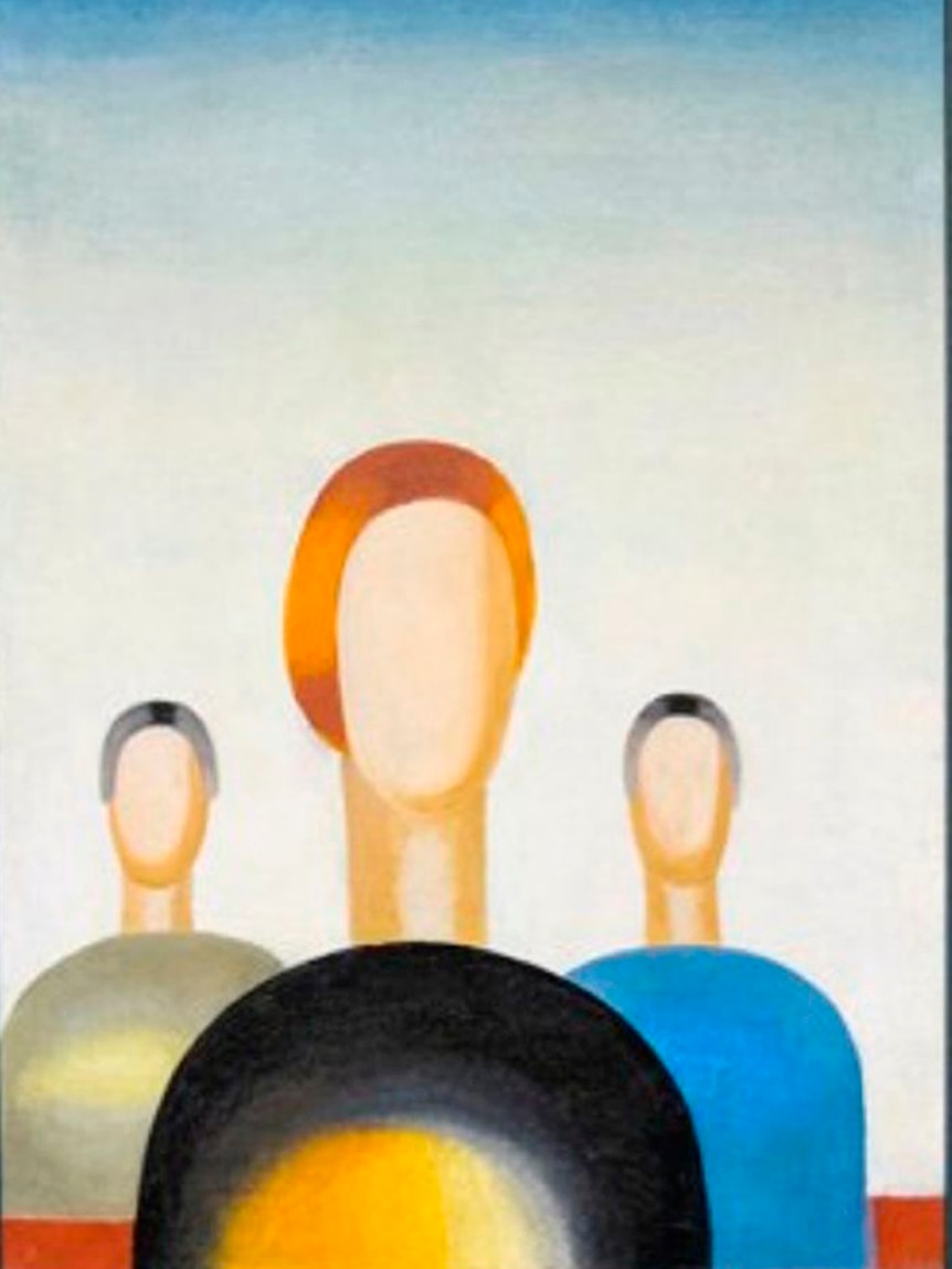 Three faceless  heads in a painting, two of which have dots drawn on them for eyes