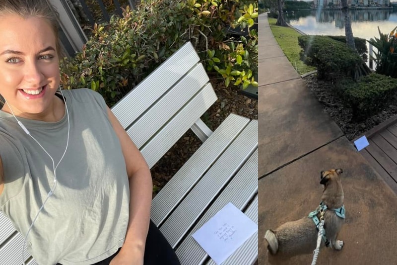 A woman leaves a letter on a park bench and on a pathway