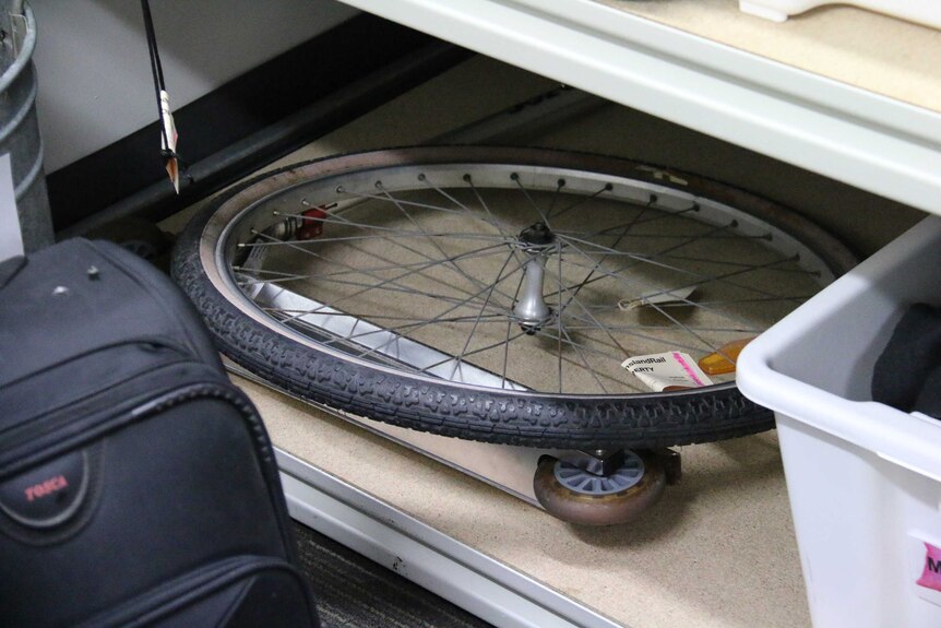 A bike wheel at Queensland Rail lost property department