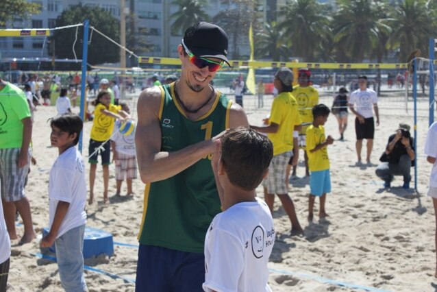 Australian beach volleyball player Bo Soderberg at a clinic on Copacabana Beach, Rio de Janeiro.