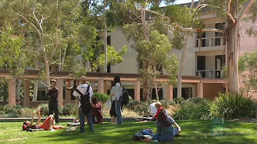 Students relaxing on a lawn at the University of Canberra (UC).