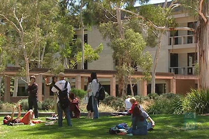 Students relaxing on a lawn at the University of Canberra (UC).