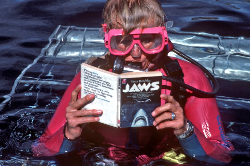 Woman in a pink wetsuit an goggles reads a jaws book in the water