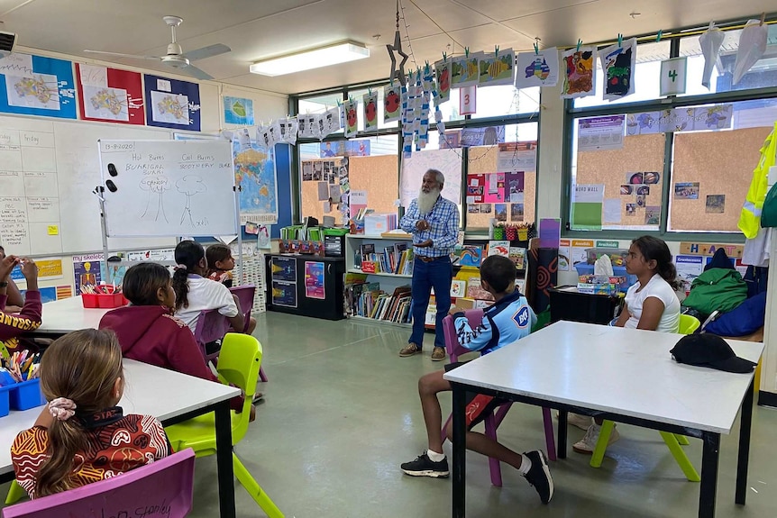 A primary school classroom with a whiteboard, and pictures decorated around the classroom