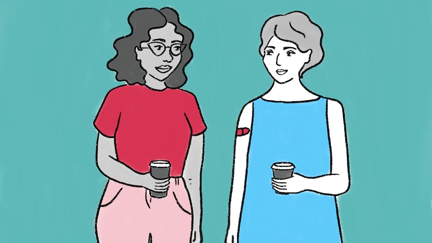 Two women having a conversation with a coffee cup.