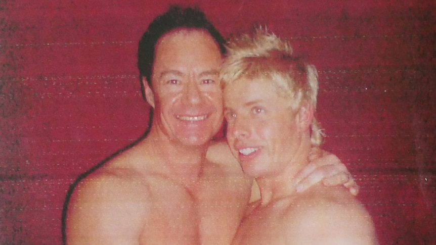 Picture of missing man Matthew Leveson and his partner Michael Atkins, both topless.